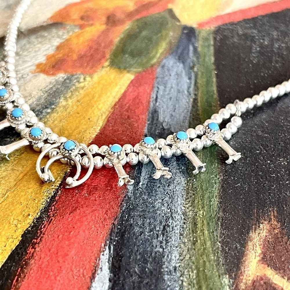 Baby Squash Blossom Necklace Signed LAR Larry Curley Navajo Turquoise Small USA - Picture 5 of 8